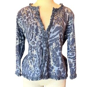 Chico's‎ Sz 2 (Med) Linen-Cotton Metallic Fringe Open Cardigan Slate Blue Silver